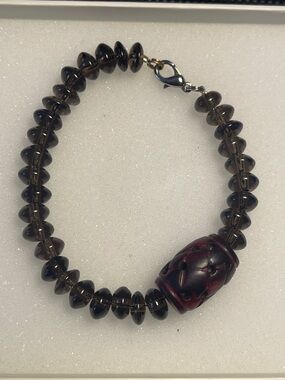 Smoky Quart beaded bracelet with lobster clasp and accent bead - 7 3/8 long